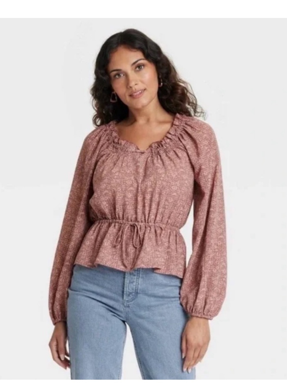 Universal Thread Dusty Rose Floral Drawstring Waist Peplum Top